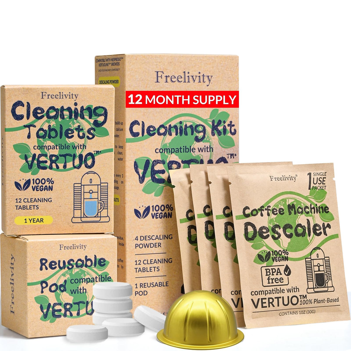 Freelivity Vertuo descaling powder 4-pack keeps Vertuo machines clean and tasting fresher.