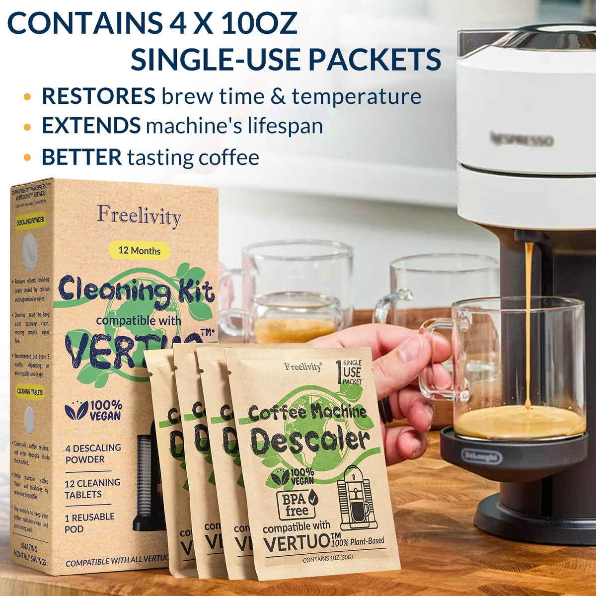 Freelivity eco-friendly packaging for Vertuo kit, minimizing plastic waste.