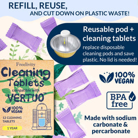 Freelivity reusable pod for Vertuo maintenance, reducing waste.