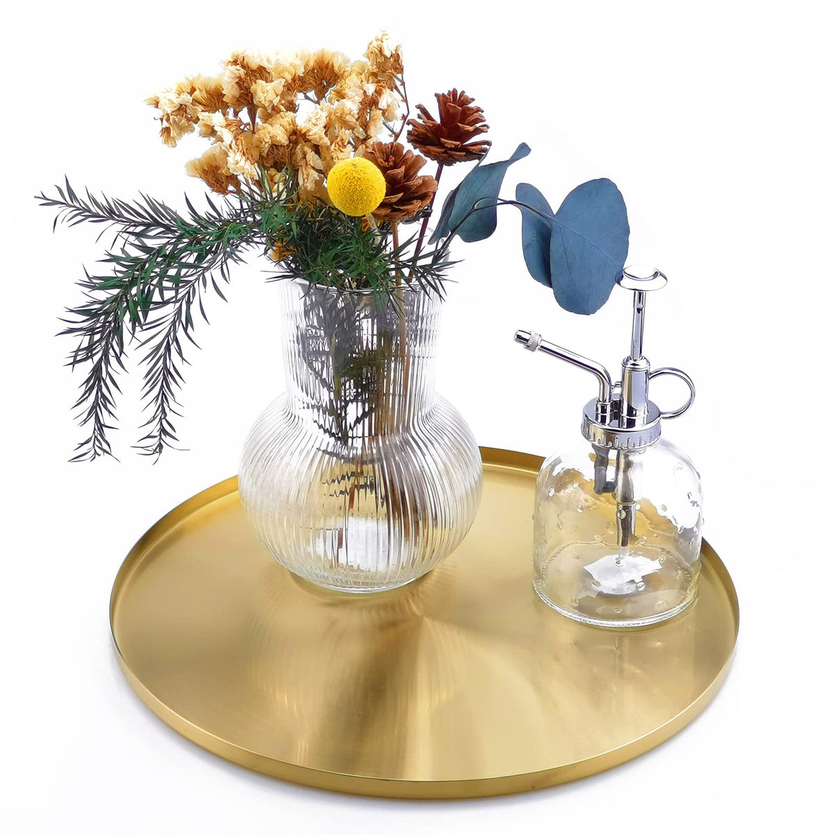 Freelove gold tray with round brass finish ideal for coffee table decor