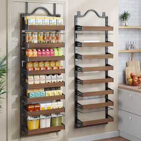 Freexployer 8-tier over-door spice rack saves space in busy kitchens.