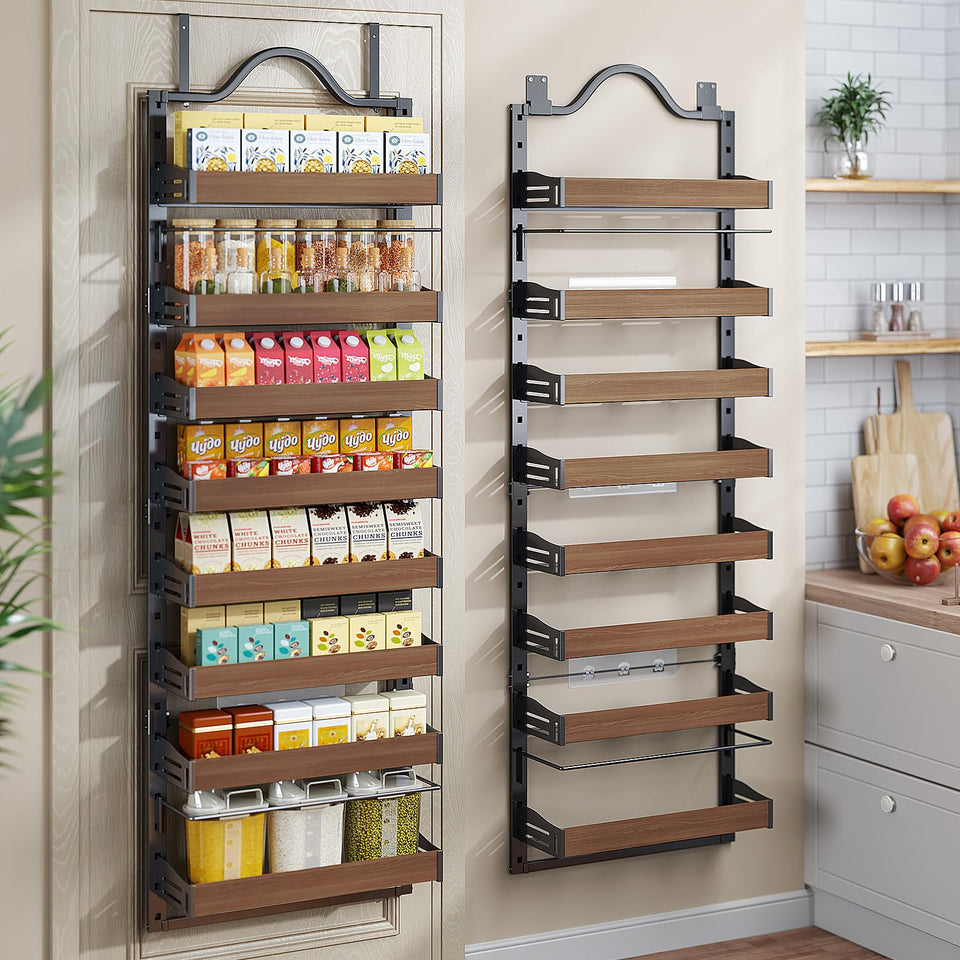 Freexployer 8-tier over-door spice rack saves space in busy kitchens.