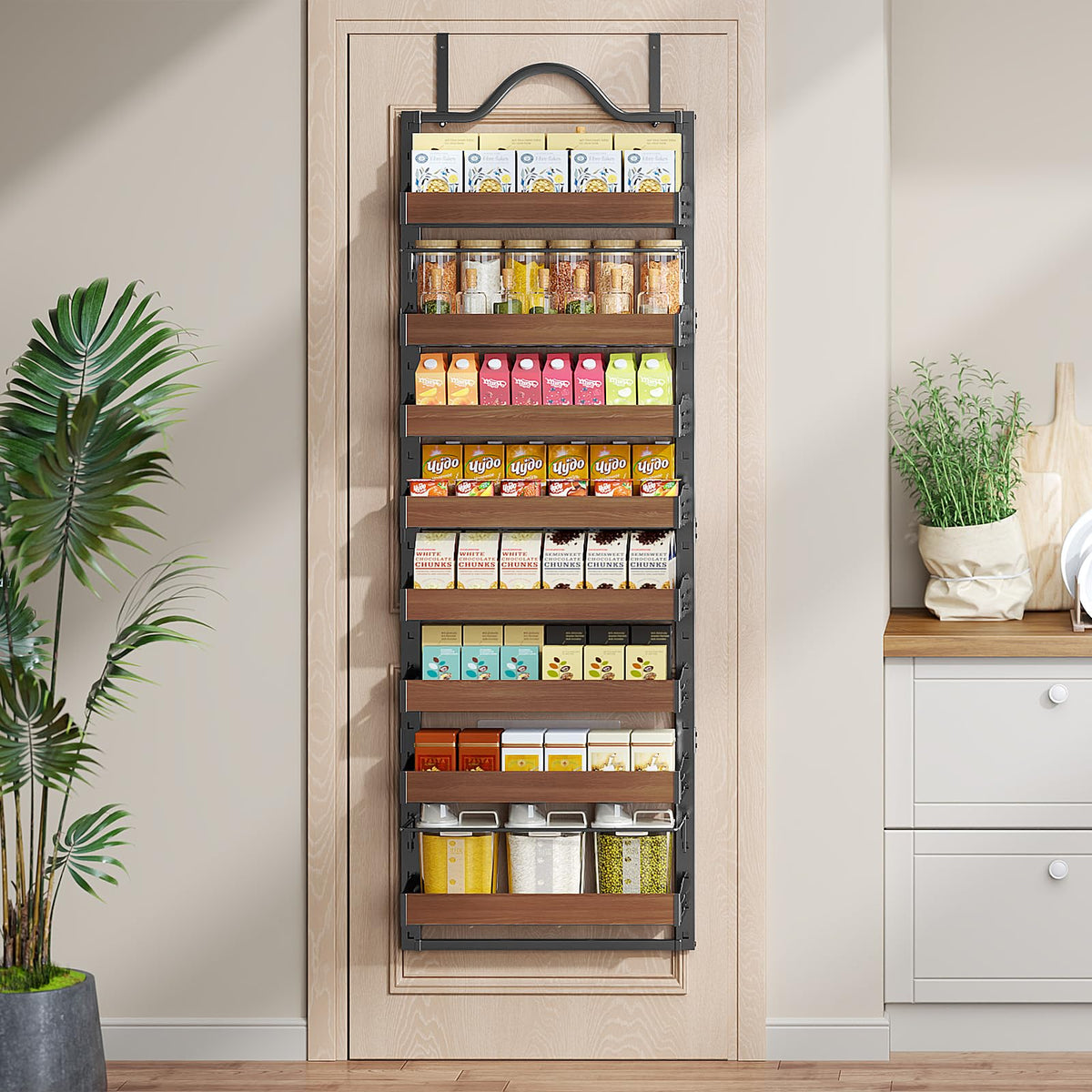 Freexployer adjustable basket spacing adapts to cans, spices, and snacks.