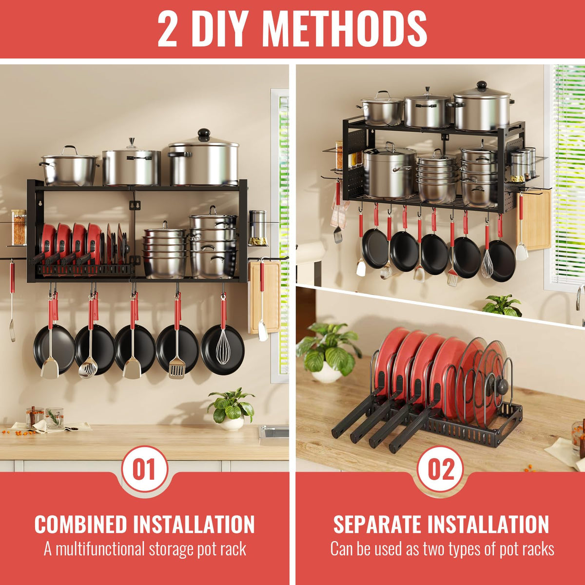 Freexployer two-tier kitchen rack maximizes space while keeping cookware visible.
