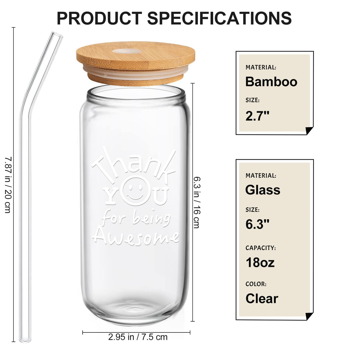 Frerdui 18oz glass cup with lid and straw for daily use.