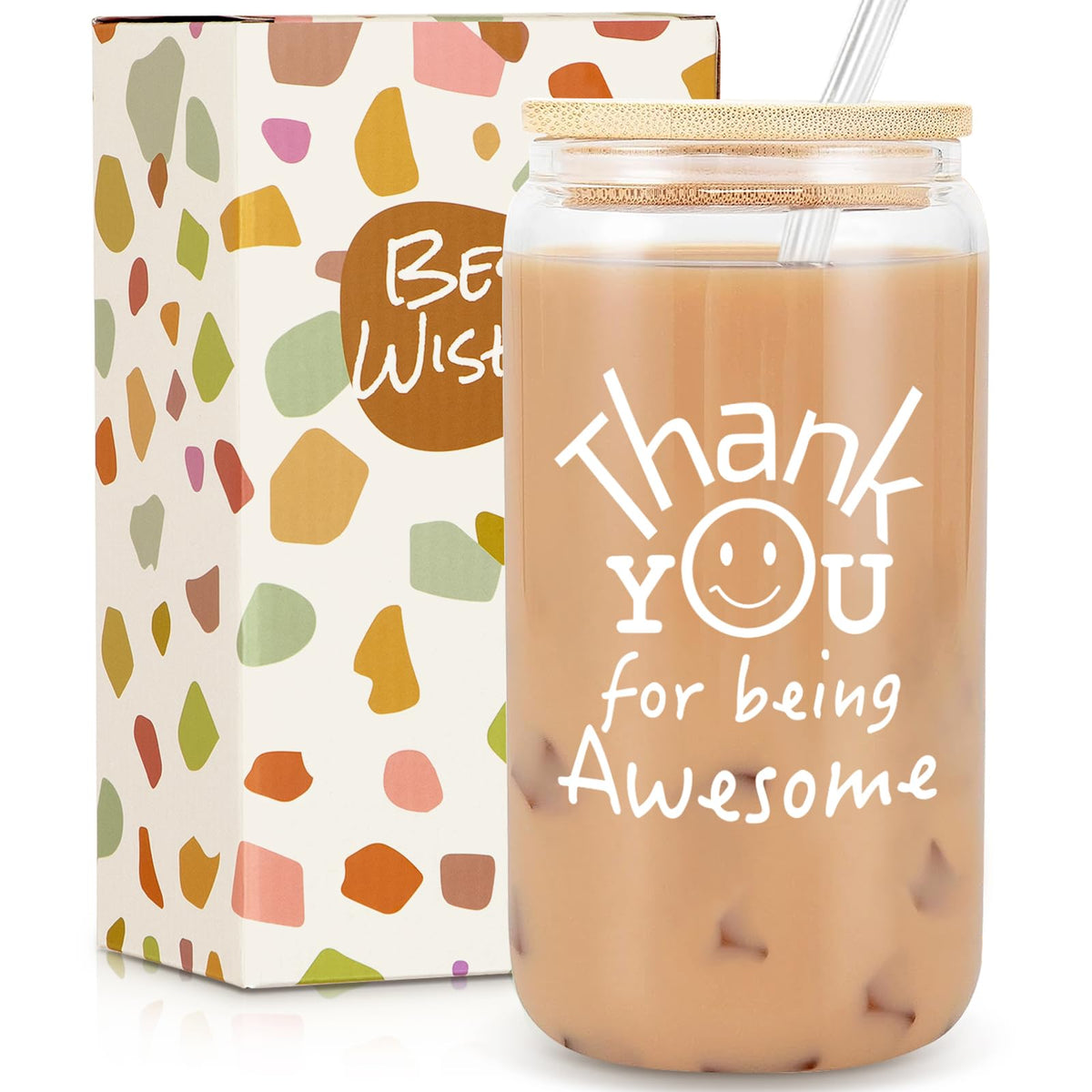 Frerdui glass cup with lid and straw for thoughtful gifts.