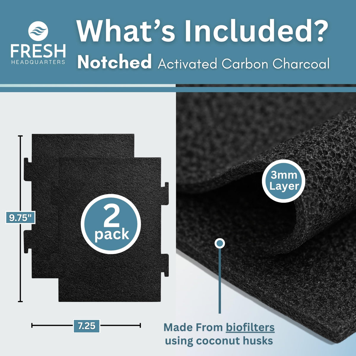 Fresh Headquarters notched carbon filter side view highlighting slim profile for easy installation.