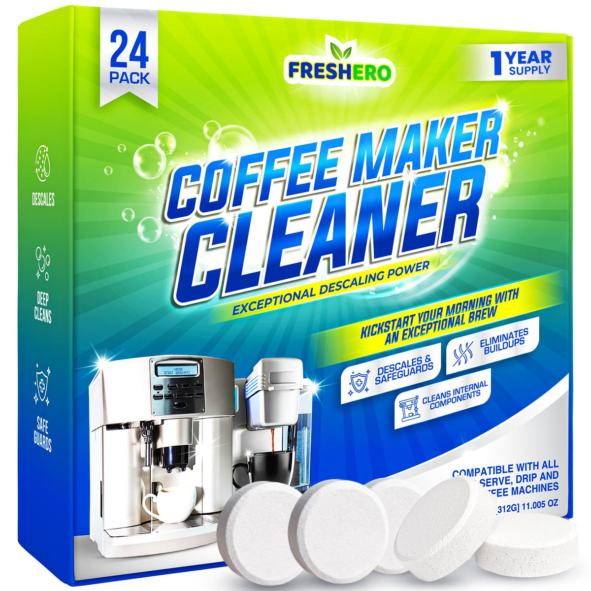 Freshero coffee maker cleaner tablets 24-pack front view, ready for deep cleaning.