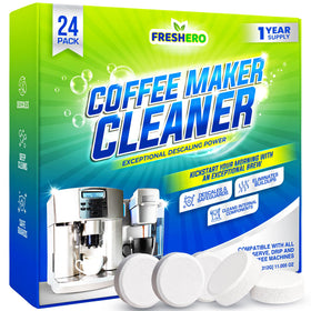 Freshero coffee maker cleaner tablets 24-pack front view, ready for deep cleaning.