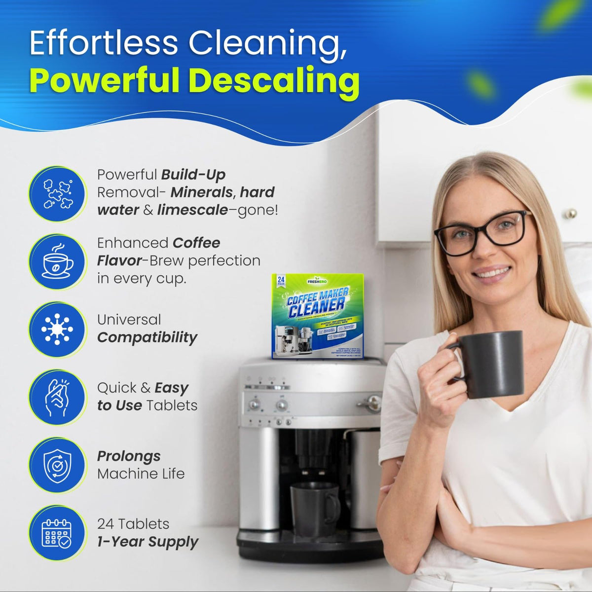 Freshero cleaner tablets showing reservoir-dispense action for maintenance.