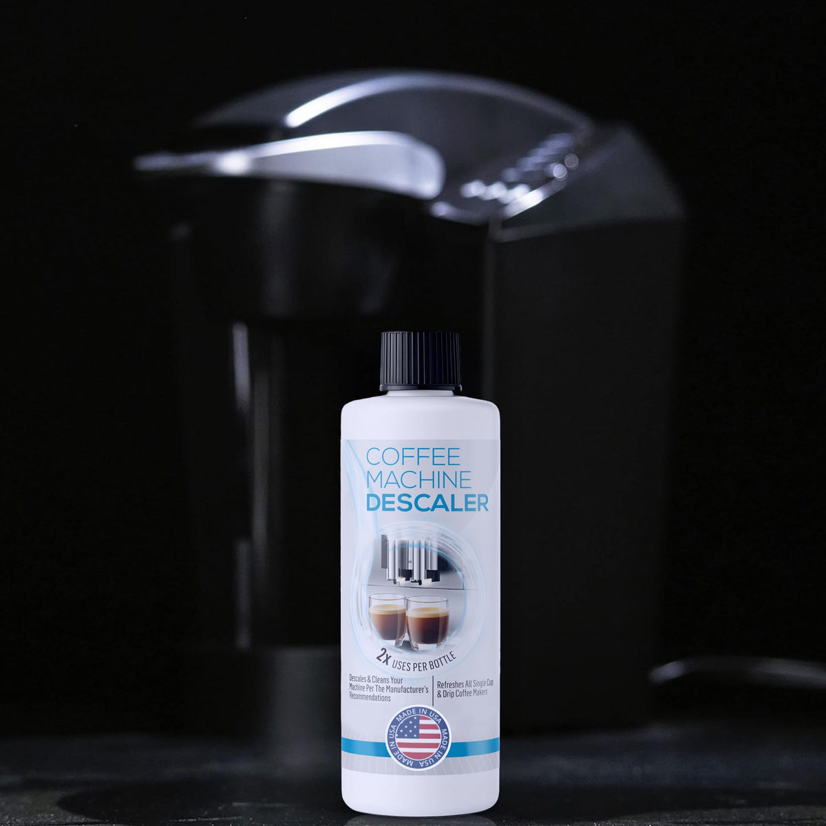 FreshFlow-bottle-on-countertop highlights simple, mess-free descaling routine.