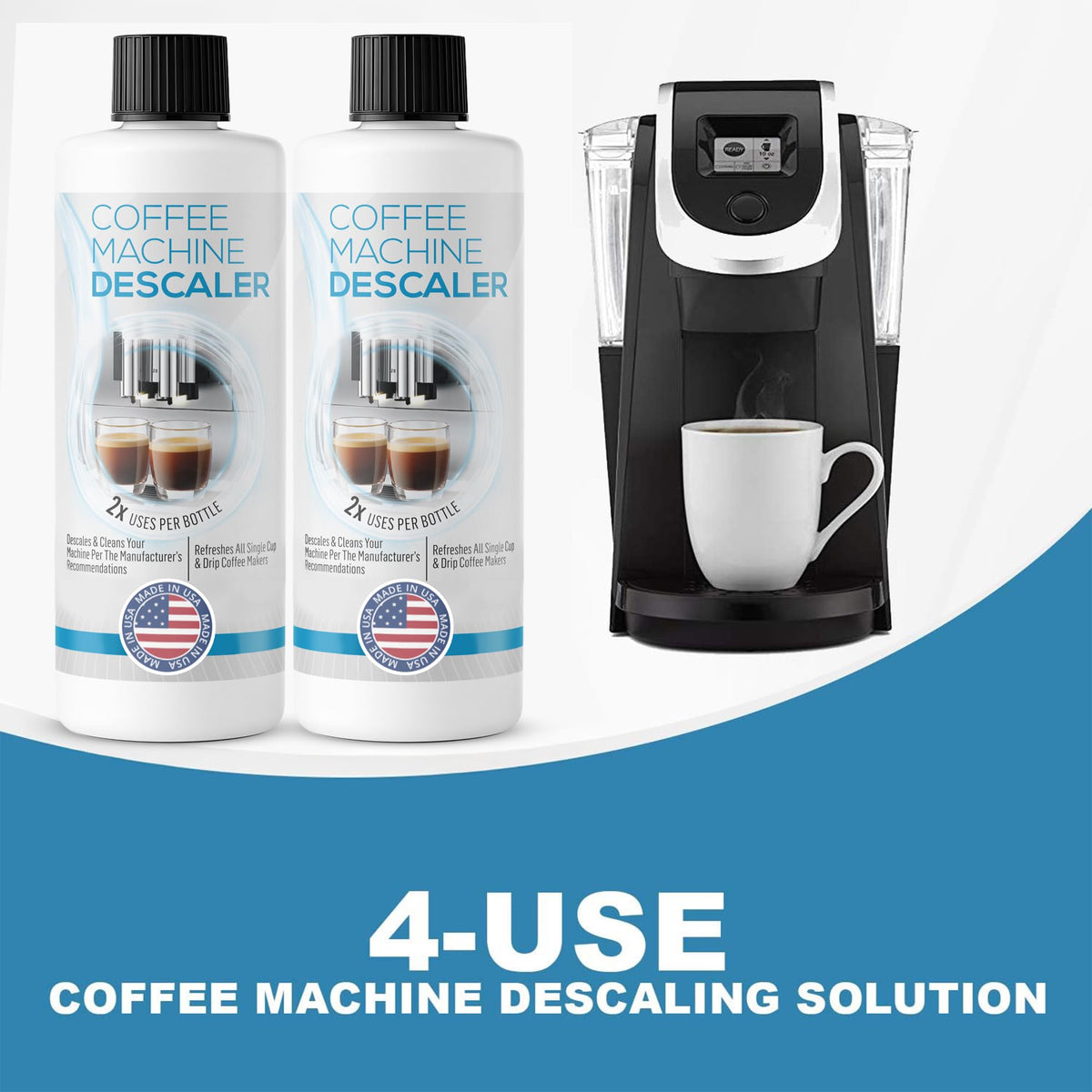 FreshFlow descaling-solution bottle pour demonstrating quick flush for better coffee.