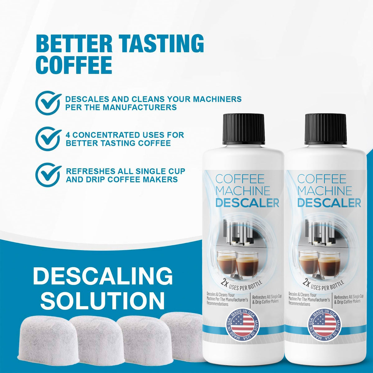 FreshFlow espresso machine cleaning kit shown for mineral removal and maintenance