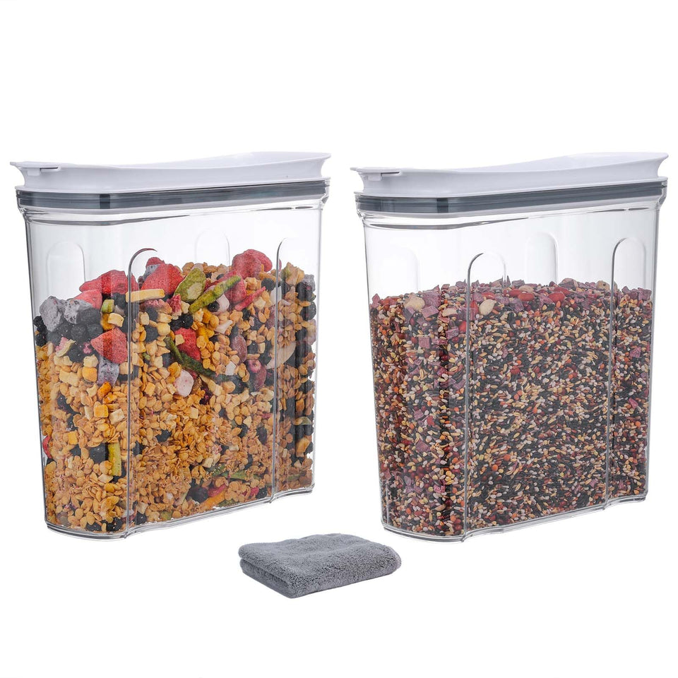 FreshKeeper cereal containers with clear bodies and airtight lids for easy pantry visibility.