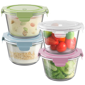 Freshmage 16oz glass meal prep container stacked neatly to save pantry space.