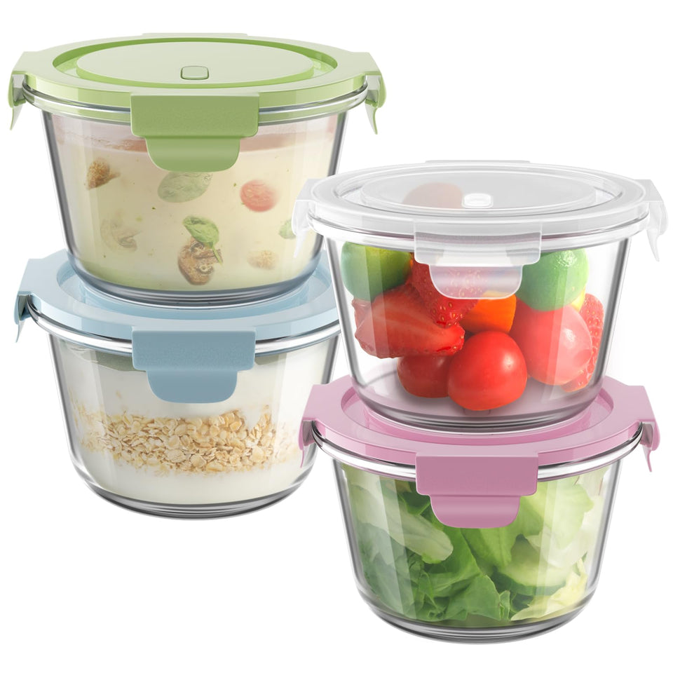 Freshmage 16oz glass meal prep container stacked neatly to save pantry space.