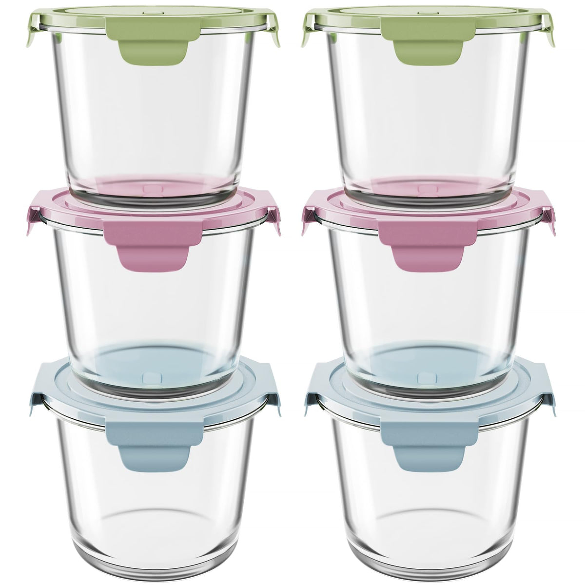Freshmage 23oz glass meal prep set stacked for space-saving kitchen storage.