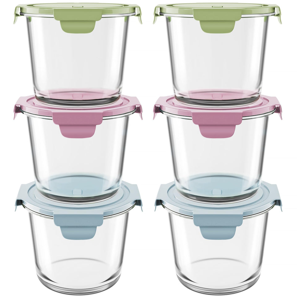 Freshmage 23oz glass meal prep set stacked for space-saving kitchen storage.