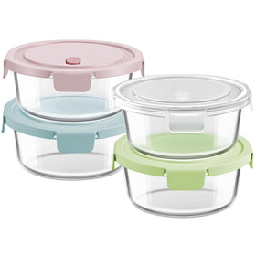 Freshmage 30oz glass meal prep containers with lids, four-pack, space-saving design.