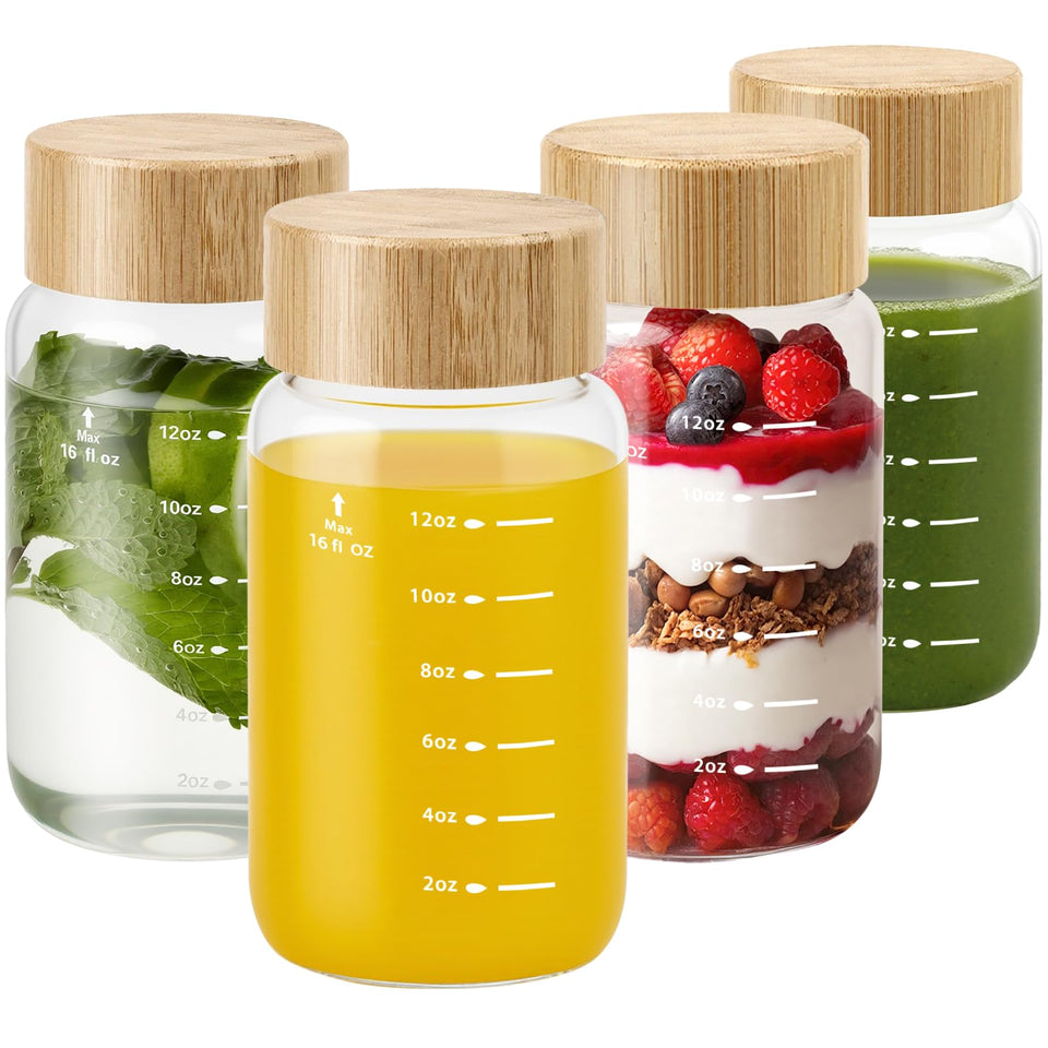 Freshmage 4-pack 16oz borosilicate glass bottles ready for daily hydration.