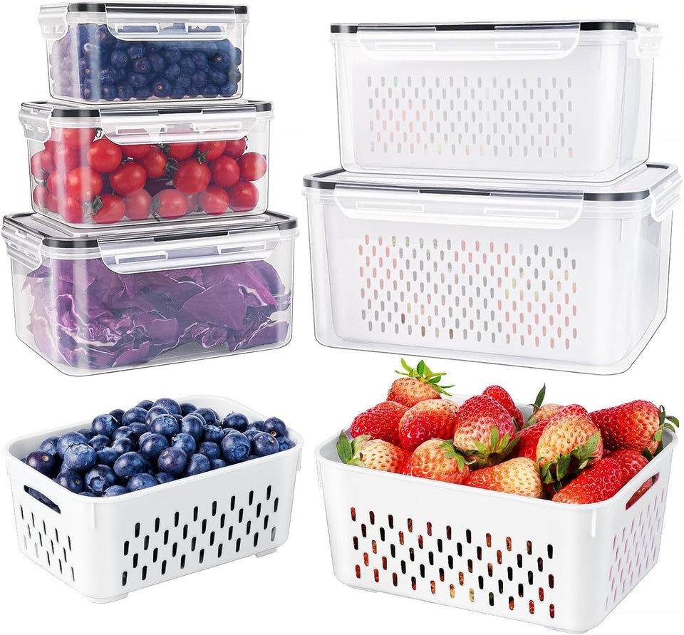 Freshmage 5-pack fridge containers with colander for organized produce storage.