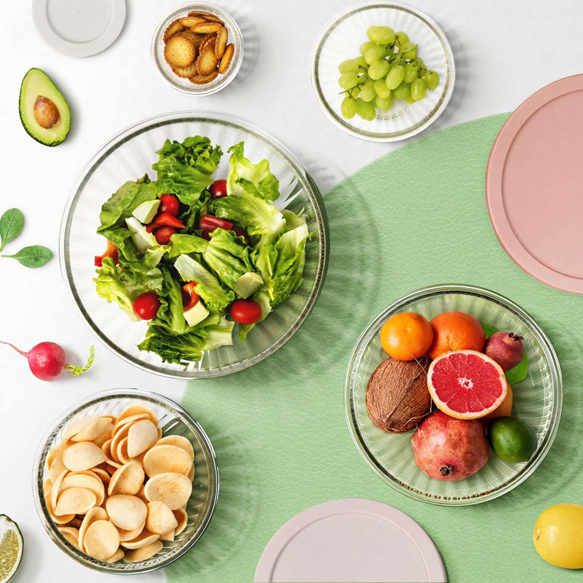 Freshmage airtight lids cling tightly, keeping ingredients fresh.
