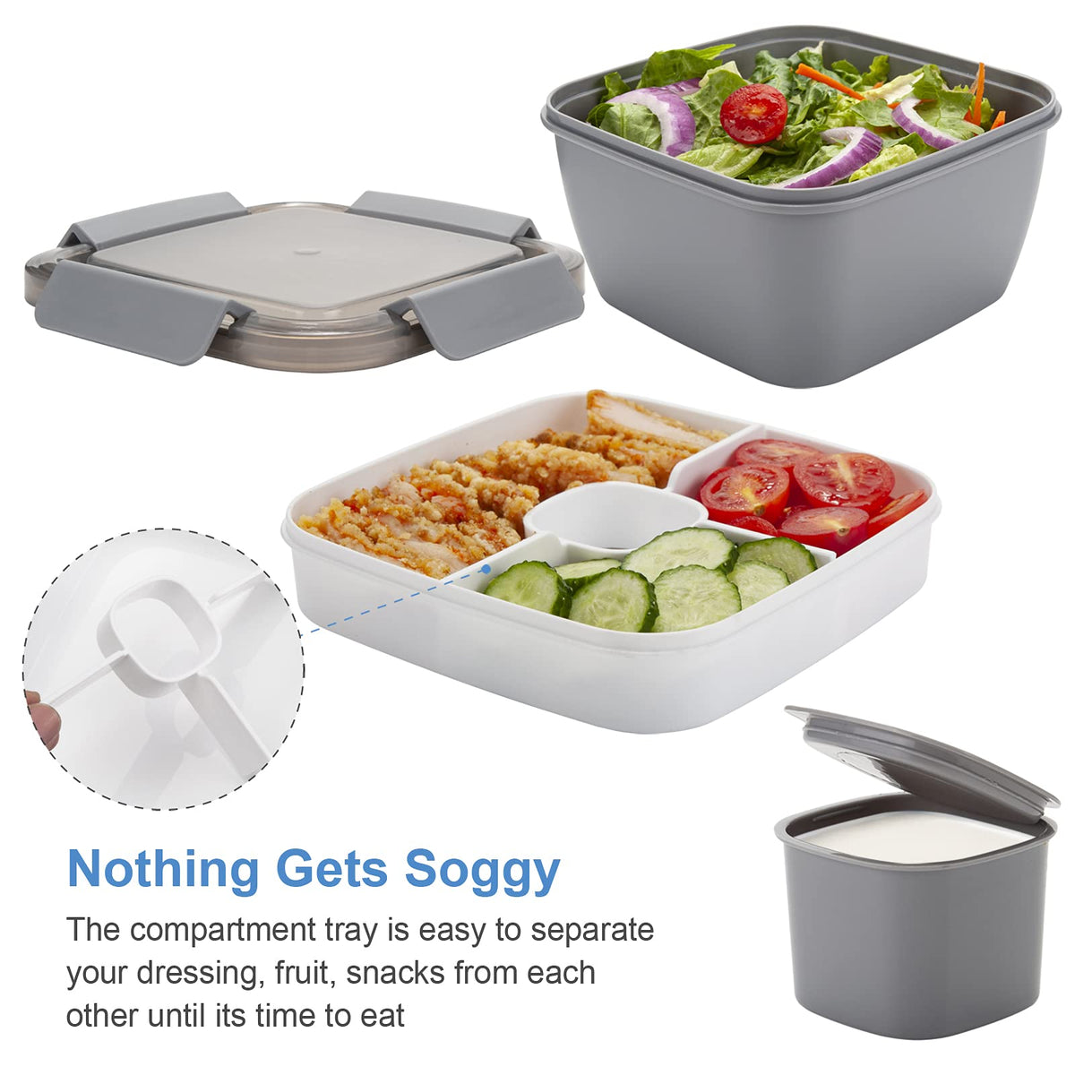 Freshmage central sauce compartment stores dressings neatly during transport.