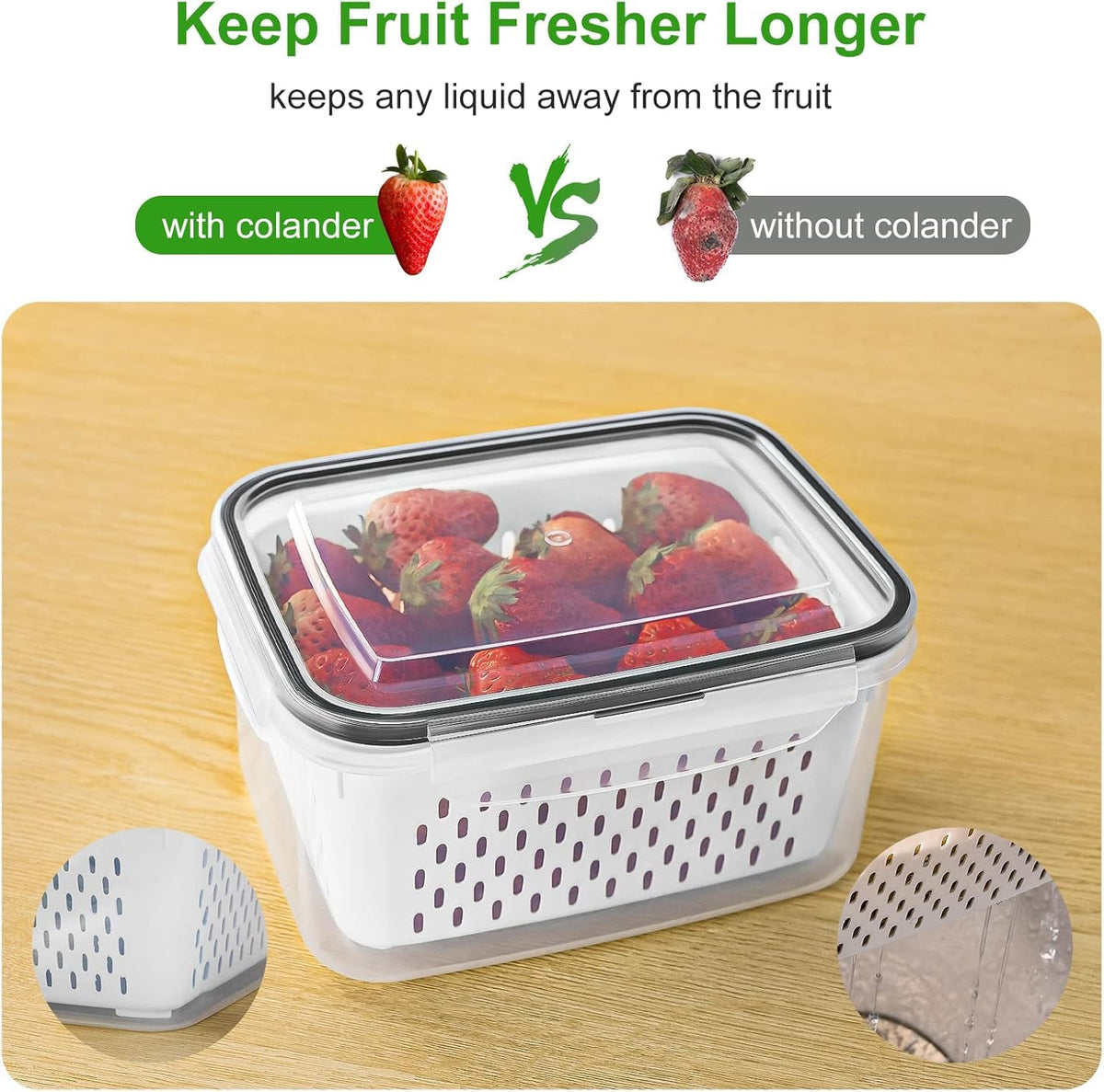 Freshmage 1200ml produce container with colander supports quick rinsing