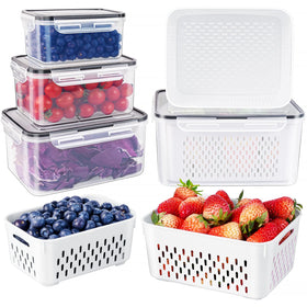 Freshmage fruit storage container with removable colander keeps produce organized in the fridge.