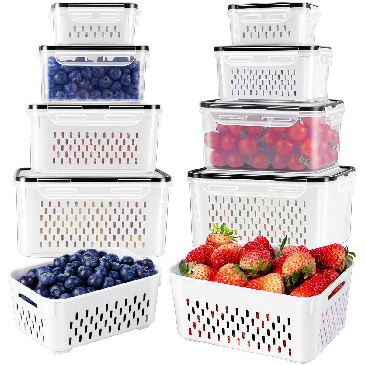 Freshmage fruit storage container with removable colander for easy washing and draining.
