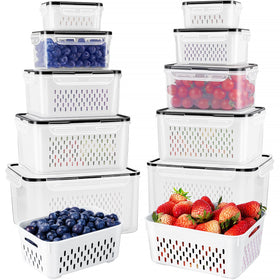 Freshmage fruit storage containers with removable colander provide easy access to organized fridge produce.