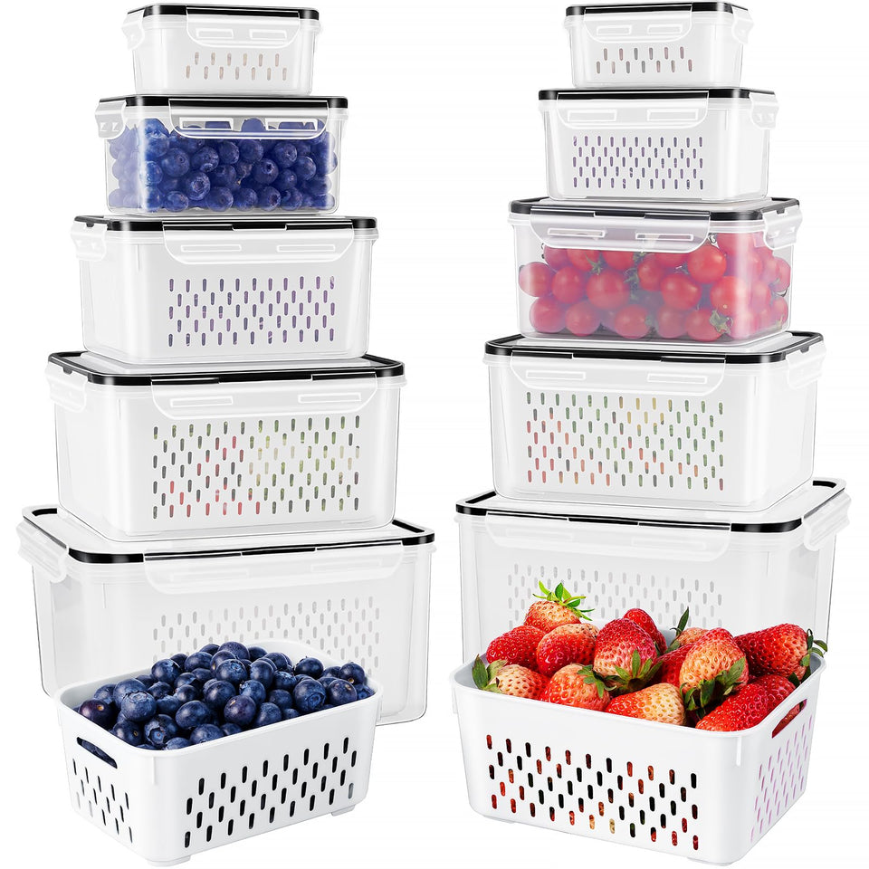 Freshmage fruit storage containers with removable colander provide easy access to organized fridge produce.
