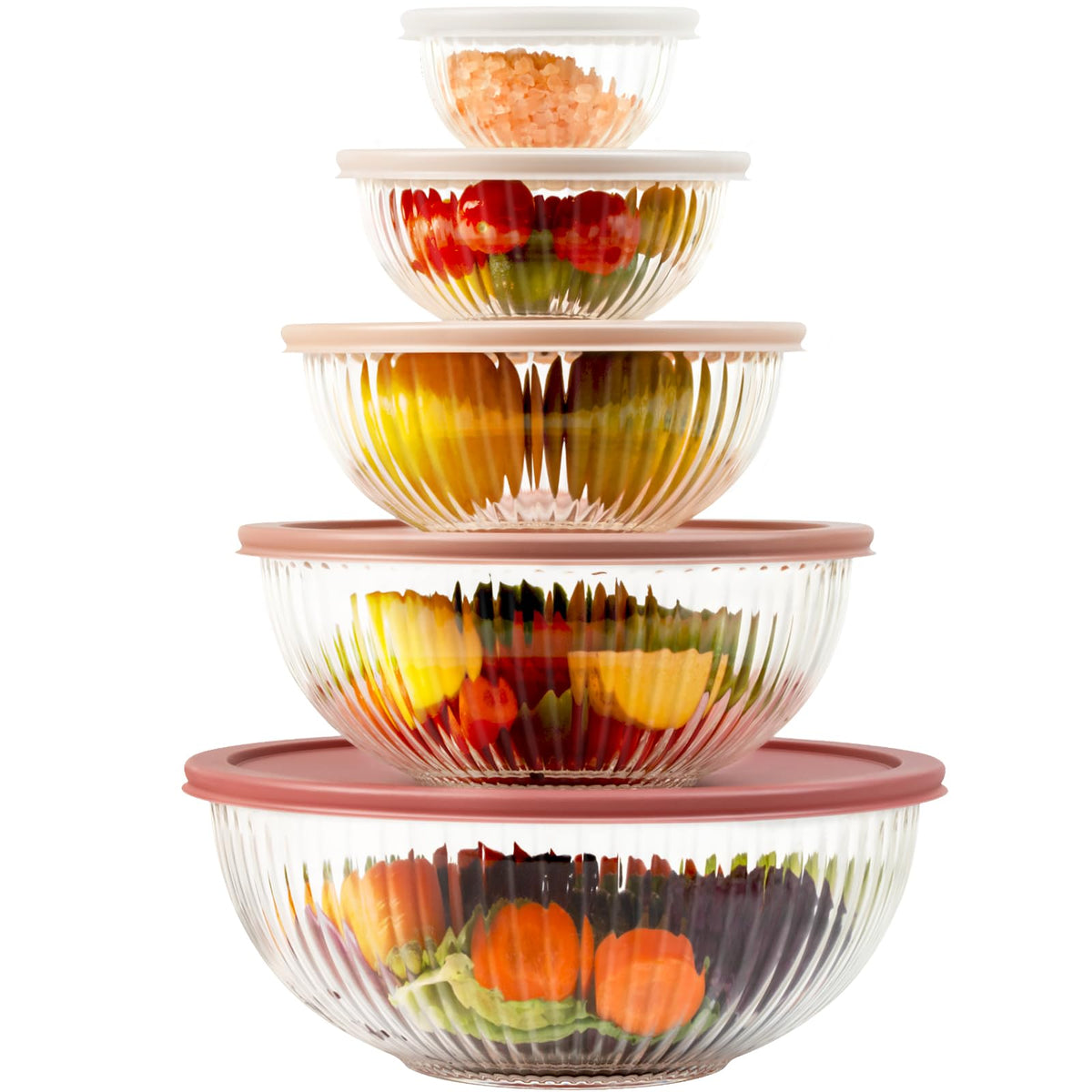Freshmage glass mixing bowls 5-pack assembled with lids for prep and serving.