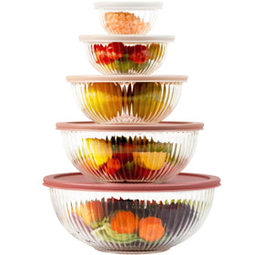 Freshmage glass mixing bowls 5-pack assembled with lids for prep and serving.