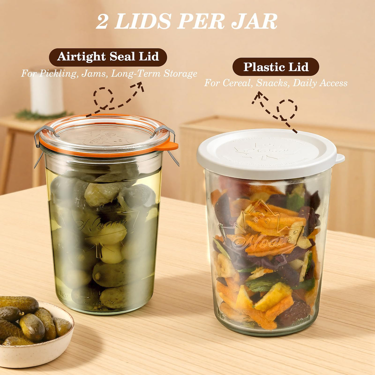 Freshmage glass sealing lid demonstrates airtight closure for preserved foods.