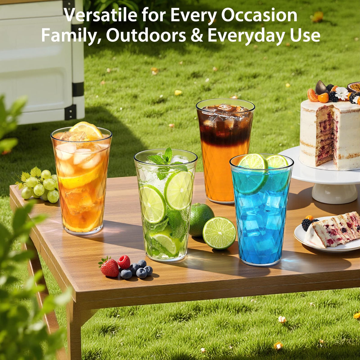 Freshmage outdoor poolside scene shows durable glasses for patio use.