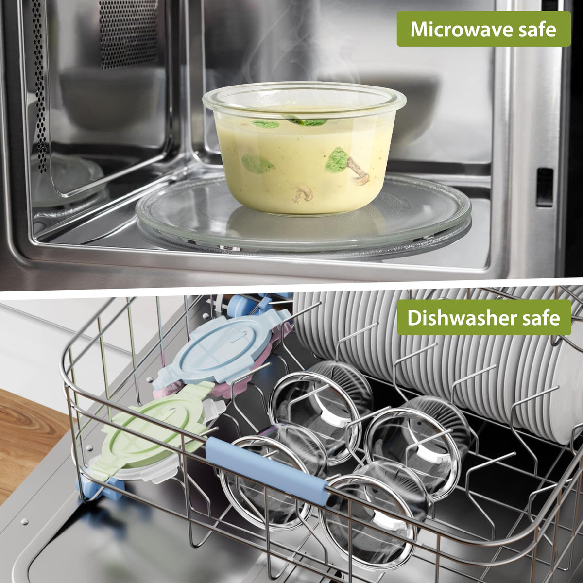 Freshmage oven microwave dishwasher safe glass containers simplify reheating and cleanup.