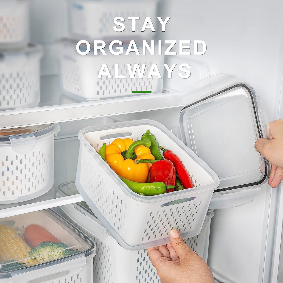Freshmage removable colander inside container allows draining and rinsing.