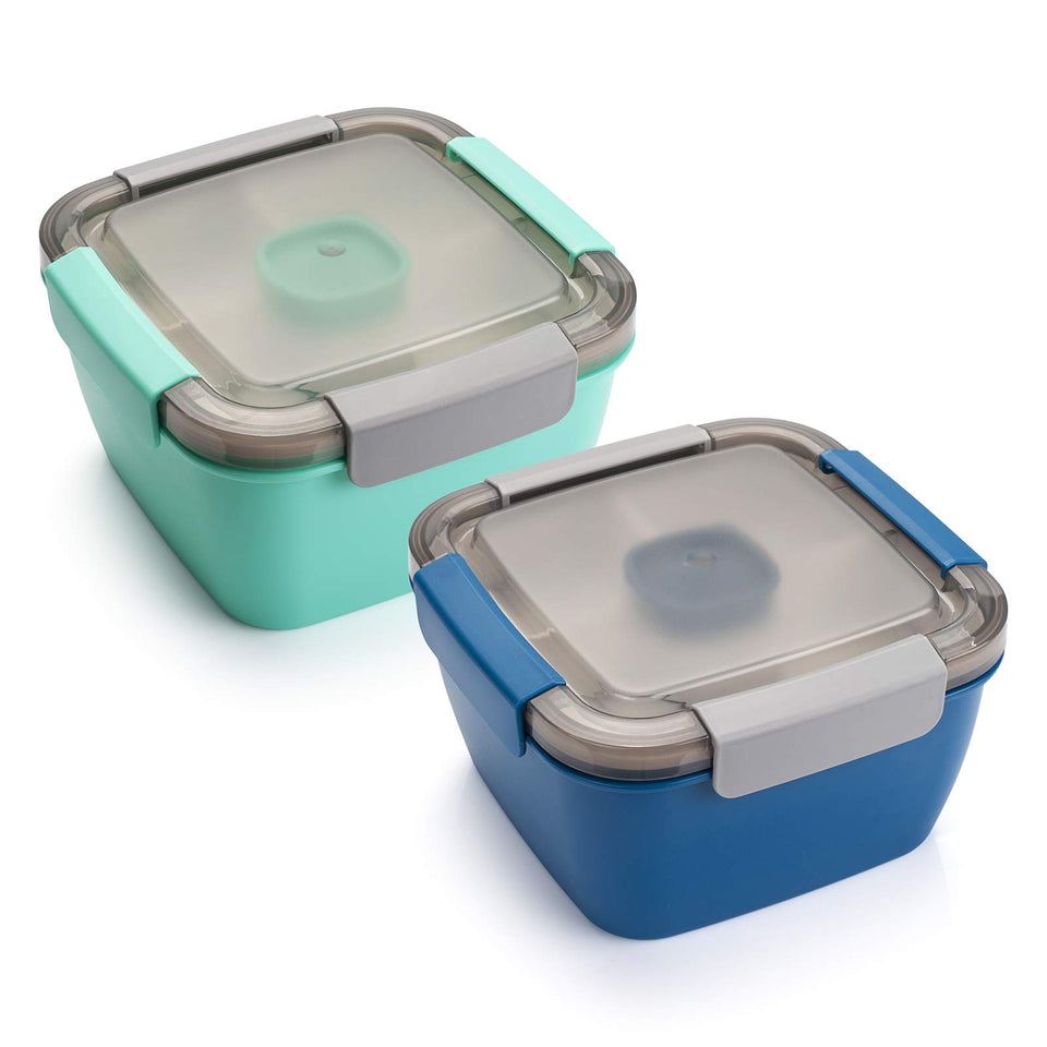 Freshmage salad lunch container blue-green 2-pack with 3 compartments for organized meals on the go.