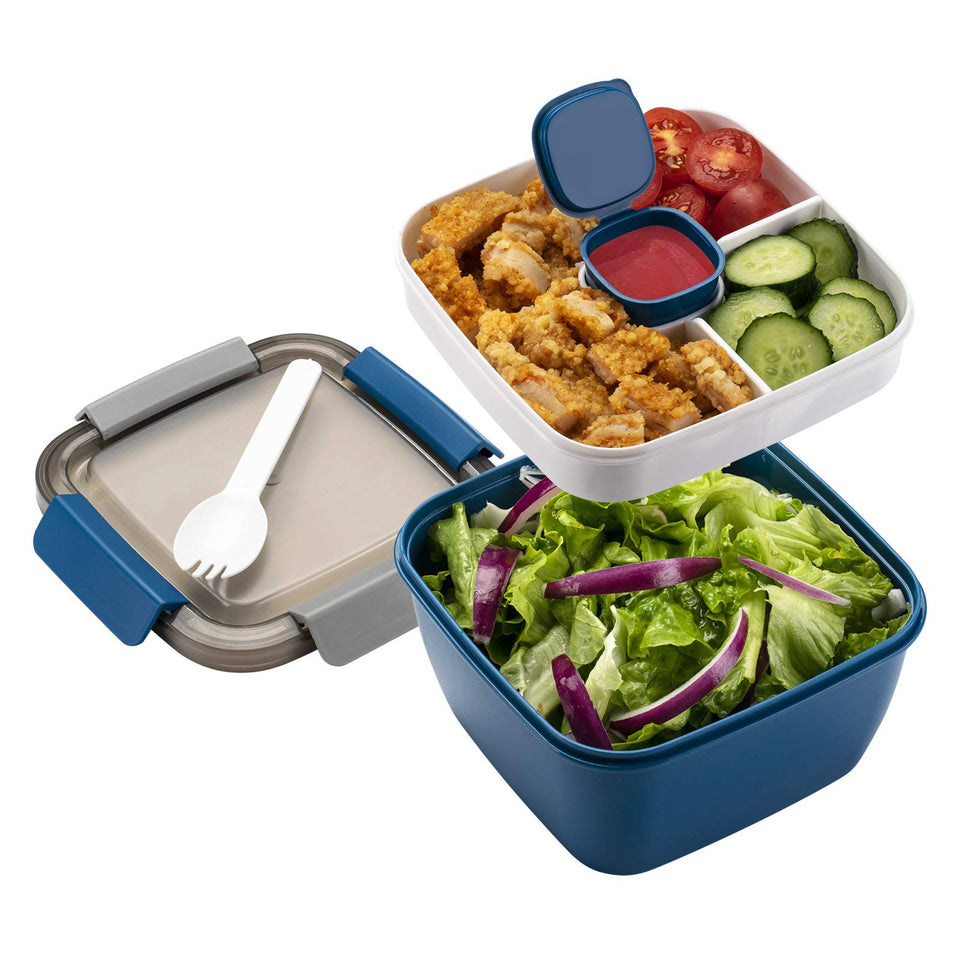 Freshmage salad lunch container with blue lid, leak-proof design for mess-free meals.