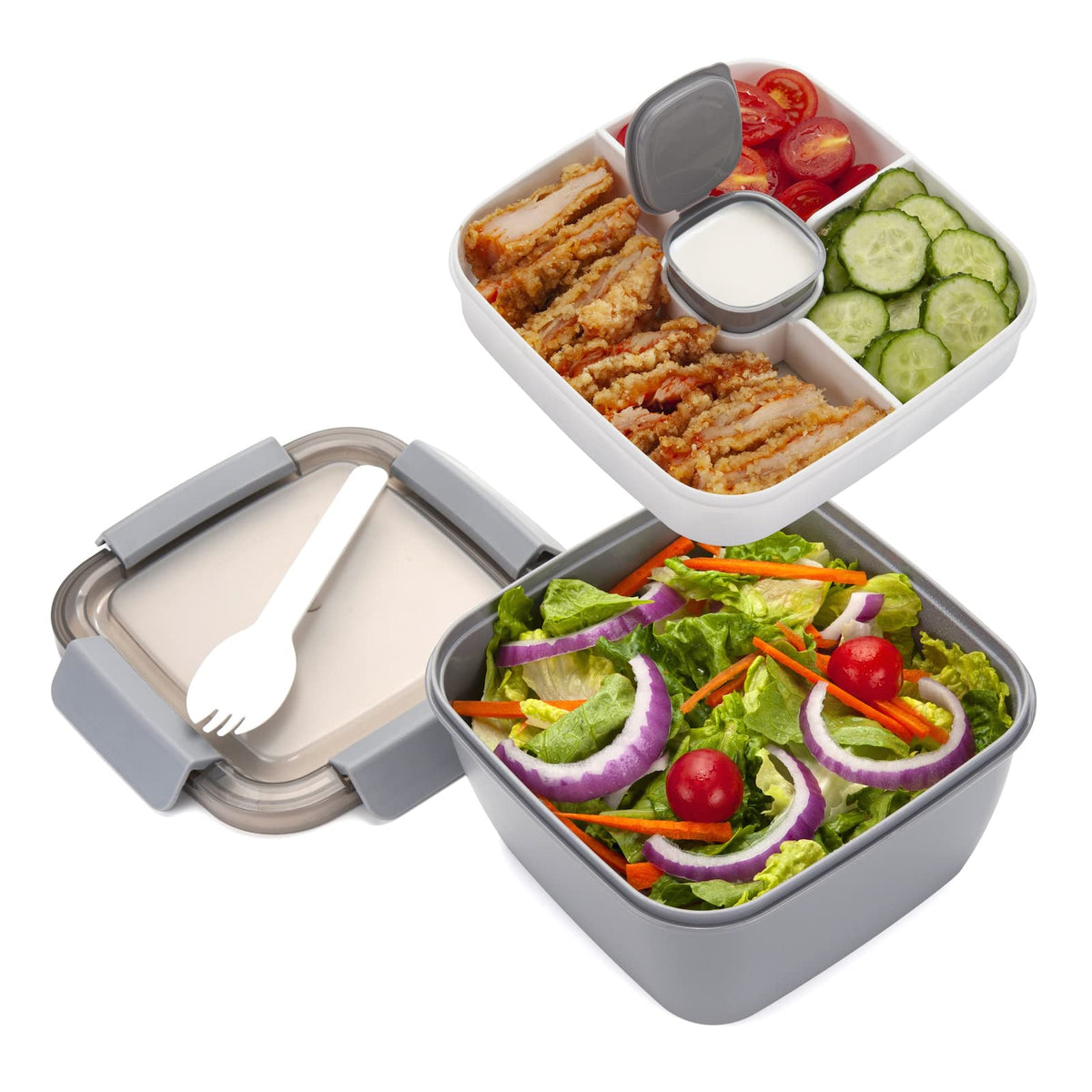 Freshmage salad lunch container 52oz with grey finish, leak-proof for on-the-go meals.