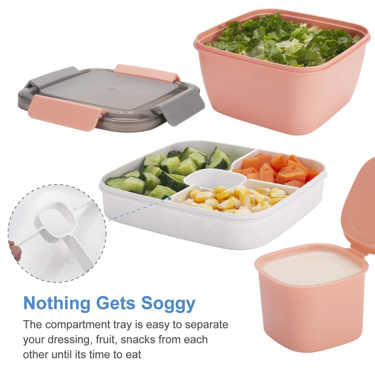 Freshmage dressing container center feature, easy to add sauces without leaks during transport.