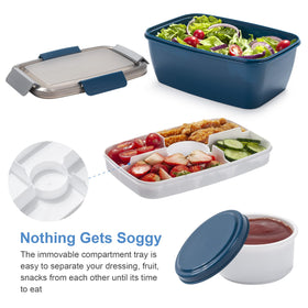 Freshmage sauce compartment stores dressings without spills for easy dressing.