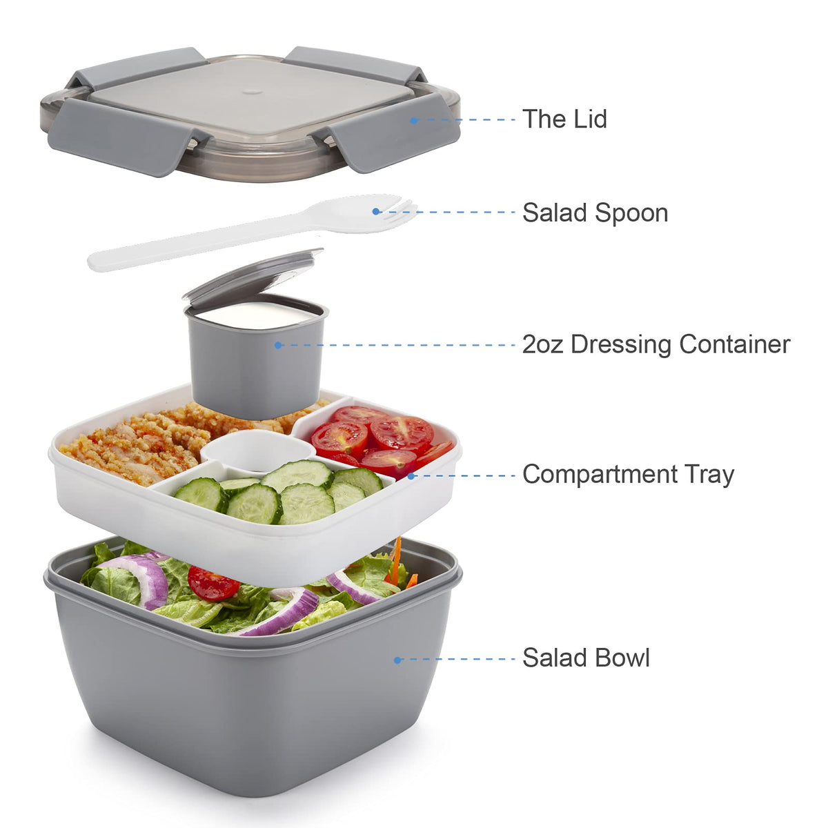 Freshmage three-compartment salad bowl keeps salad, toppings, and dressings separate.