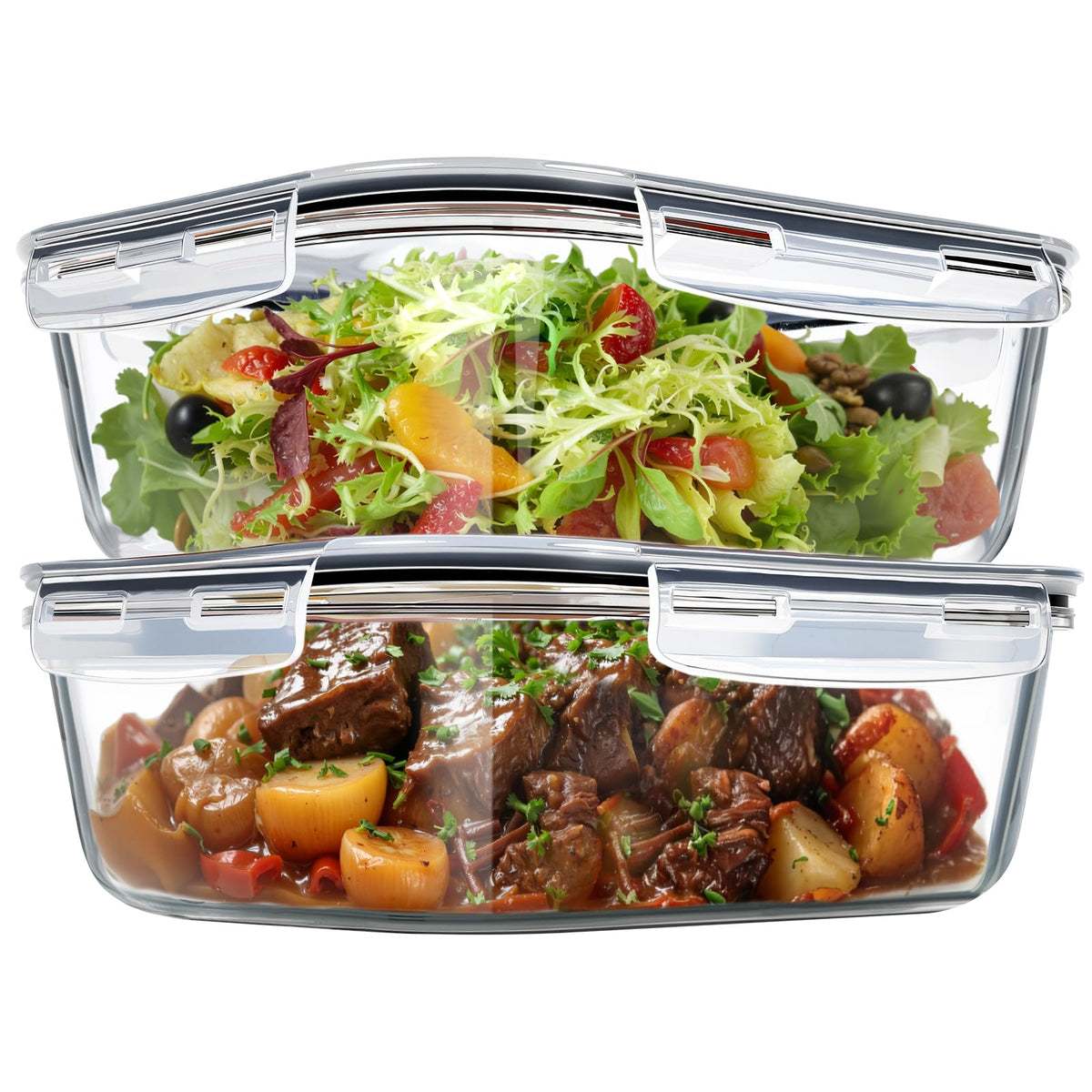 Freshmage two-pack glass storage containers with air vent lids for easy meal prep.
