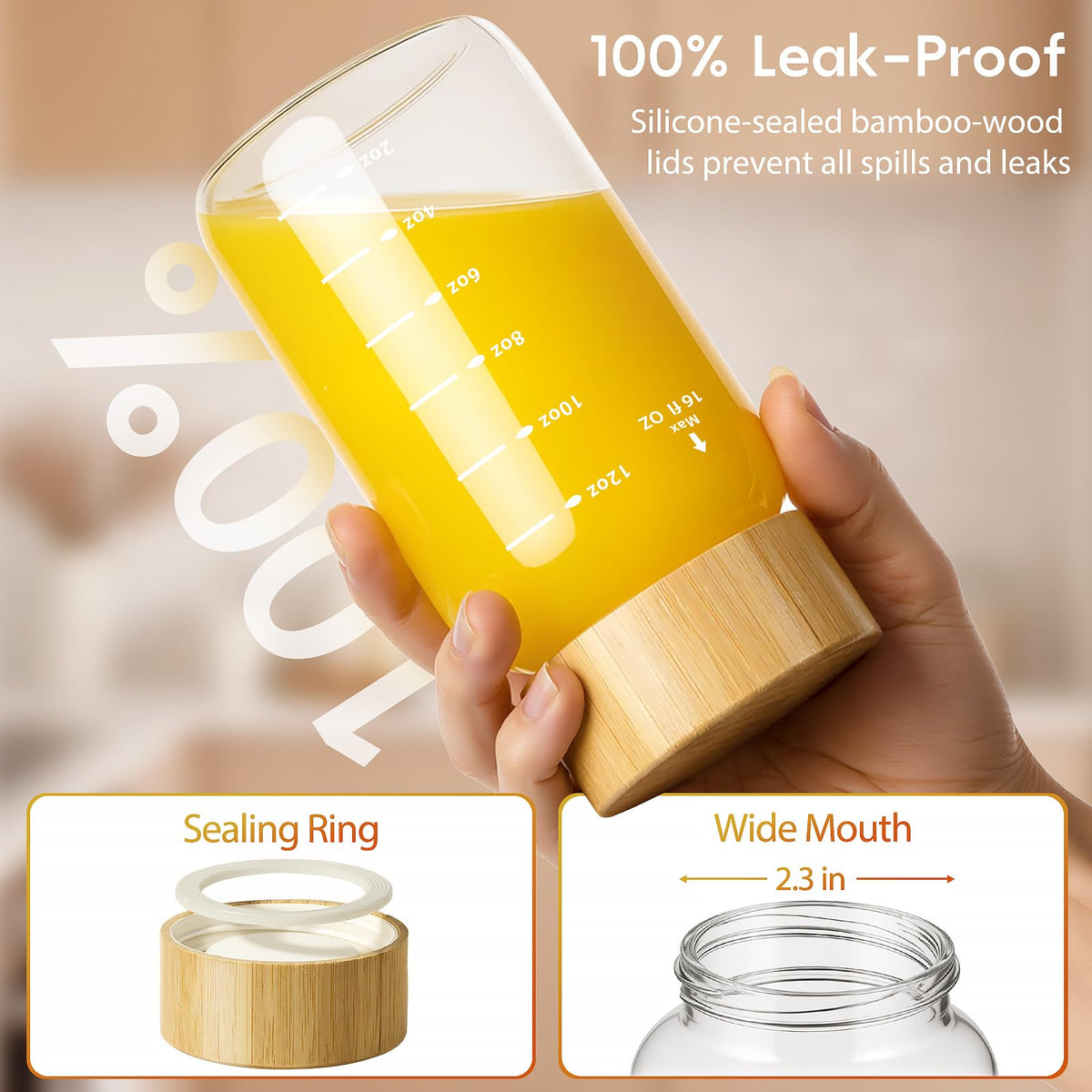 Freshmage wide-mouth glass bottle designed for easy filling and cleaning.