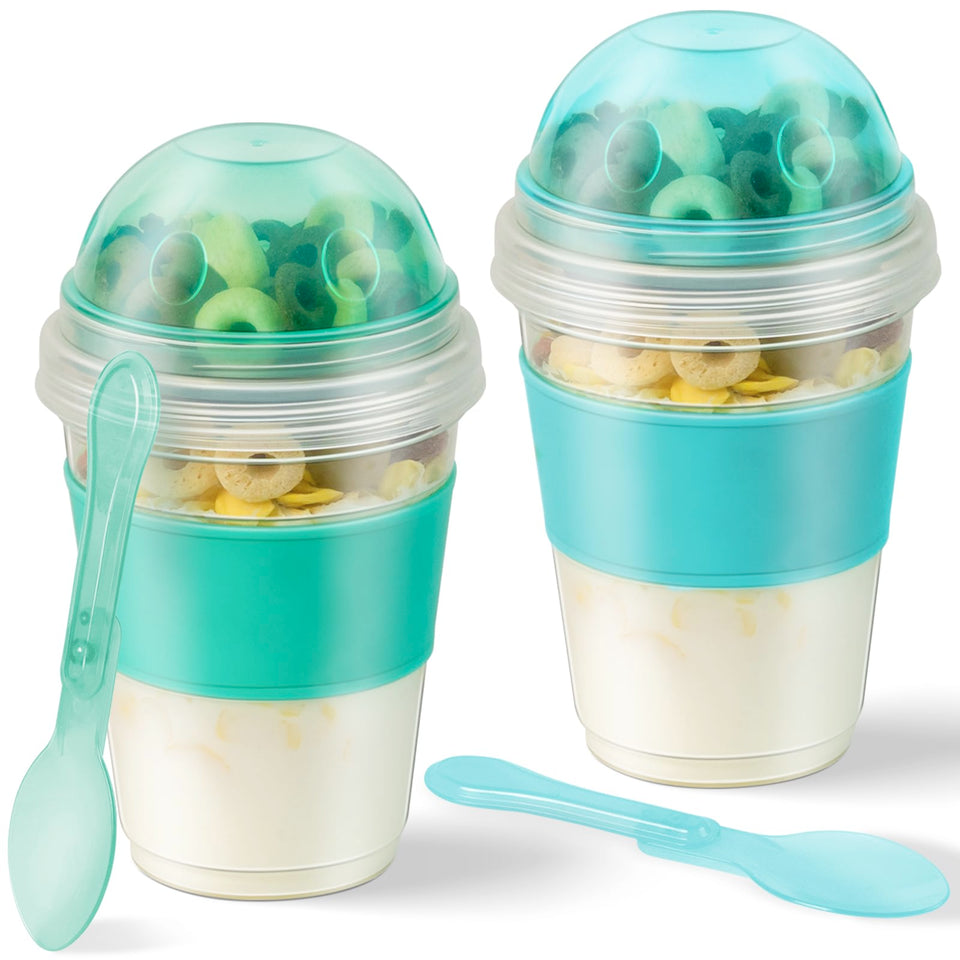 Freshmage yogurt parfait cups with blue and green lids for on-the-go breakfasts.