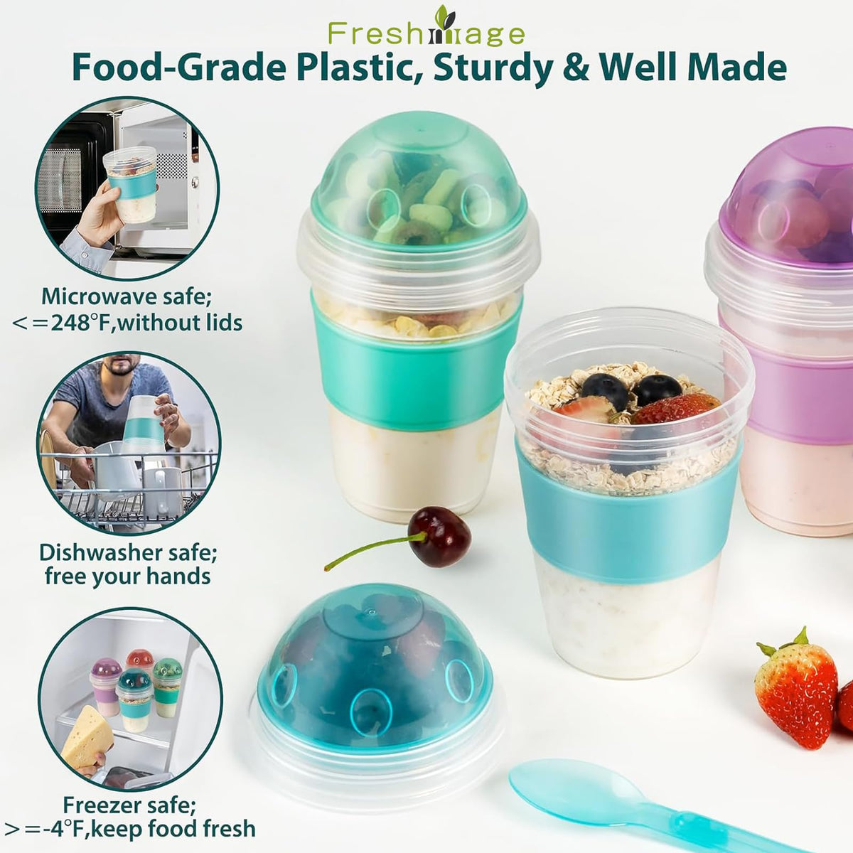 Freshmage yogurt parfait cup blue lid close-up showing secure twist seal for travel.