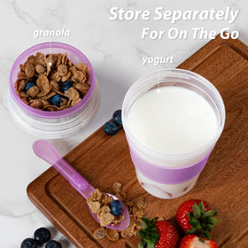 Freshmage cups showing folding spoon stored under lid for mess-free meals.