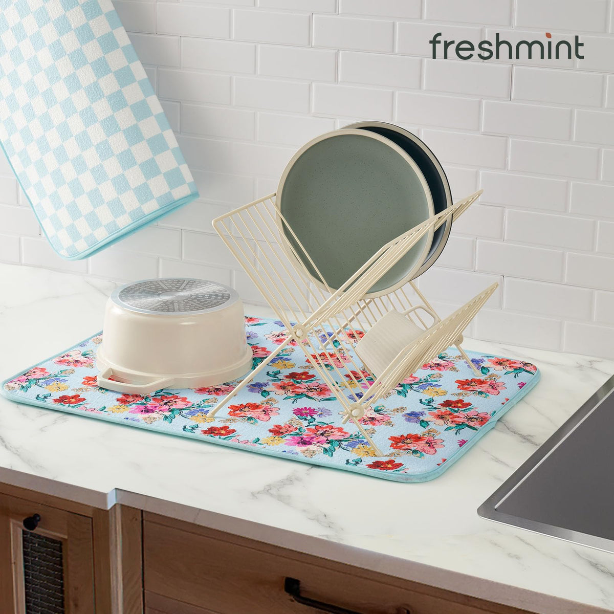 FreshMint countertop mat demonstrates multiuse as a coffee station, sink mat, or small-appliance base.